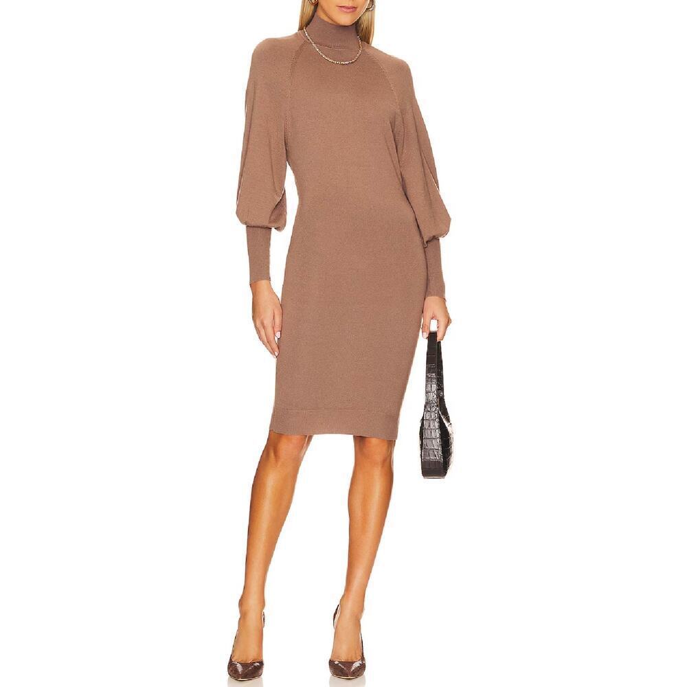 L'Academie Jen Sweater Dress Balloon Sleeves Bodycon Midi Brown Size Medium
